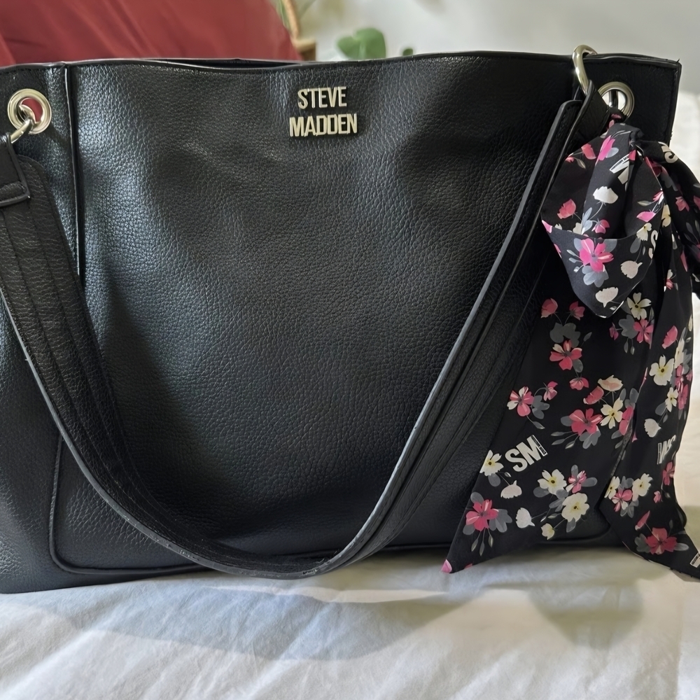Steve Madden Black Tote Bag with Floral Scarf